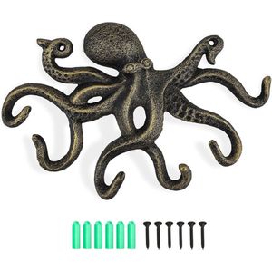 Oktopus garderobehaken, rustieke garderobehaken, gietijzeren wandhaken met schroeven, kledinghaken, om op te hangen, kleding, sleutels, hoeden, tassen, zwart-goud