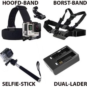 Accessoires set geschikt voor GoPro en Action cams - EKEN - Wolfgang - Lipa - Denver - Action Camera - Dual batterij lader - Borst- en hoofband - Selfie Stick - 5 in 1 set