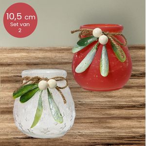 Glazen waxinelichthouders met blaadjes en bessen - Duo pack - Ø10,2 x 10,5 cm - kerstdecoratie - kerst - luxe theelichthouder - voor kaarsjes