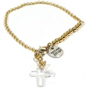 Heaven Eleven - dames armband - Ibiza - goudkleurige plating schakel 2mm - natuursteen kralen - kruisje - 18cm