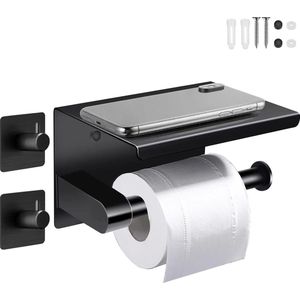 Toiletrolhouder, toiletrolhouder rolhouder met 2 zelfklevende haken, toiletrolhouder met plank, wandgemonteerde toiletrolhouder voor keuken en badkamer zwart