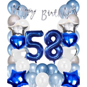 Snoes Ballonnen 58 Jaar Set Mega Blauw Zilver Ballon - Compleet Feestpakket Cijferballon 58 Jaar - Verjaardag Versiering Slinger Happy Birthday – Folieballon – Latex Ballonnen - Helium Ballonnen