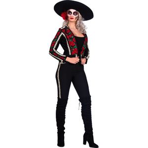 Wilbers & Wilbers - Spaans & Mexicaans Kostuum - Mexicaanse Mariachi Rose Della Rosa - Vrouw - Rood, Zwart - Maat 46 - Halloween - Verkleedkleding