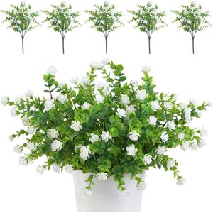 Pakket van 5 kunstbloemen nepbloemen decoratie binnen buiten planten struiken groen UV-bestendig voor bloemstuk, huis tuin bruid bruiloft feestdecoratie (wit)