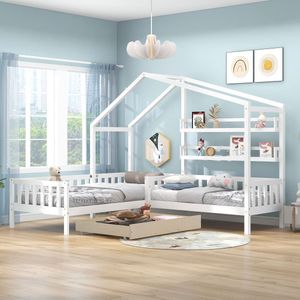 Kinderbed Familiebed met lades en planken - massief hout met hek - L-vormige structuur - wit (90x200 cm - 140x70 cm)