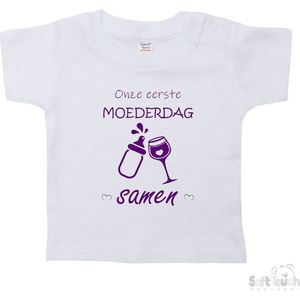 Soft Touch T-shirt Shirtje Korte mouw ""Onze eerste moederdag samen!"" Unisex Katoen Wit/paars Maat 62/68