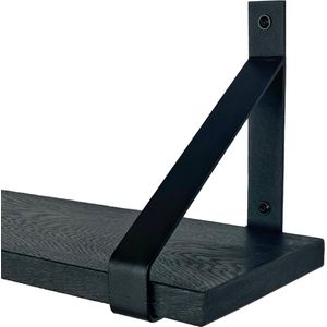GoudmetHout - Massief eiken wandplank - 200 x 20 cm - Zwart Eiken - Inclusief industriële plankdragers MAT ZWART - lange boekenplank