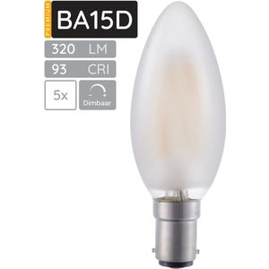 SPL Ba15d LED Lamp 4W Dimbaar - CRI 93 - Extra Warm Wit - Melkglas - LED Filament Kaars C35 - Vervangt 30W Halogeen Gloeilamp - 5 Stuks - 230V - 320lm - 2500K - melkglas/mat - premium lamp