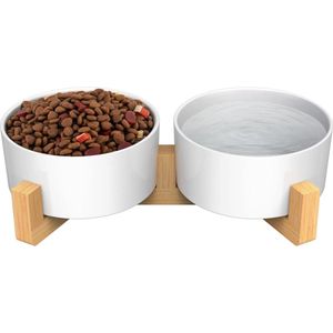 Keramische bak met verhoogde bamboe standaard voor honden en katten, als voerbak of waterbak te gebruiken, kattenvoerbak, antislip, vaatwasmachinebestendig (2 x - 400 ml, wit)