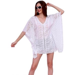 Dames katoenen kaftan/tuniek met geborduurde patroontjes M 36-38 wit