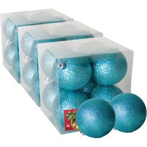 24x stuks kerstballen ijsblauw glitters kunststof diameter 7 cm - Kerstboom versiering