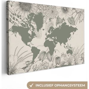 Canvas Wereldkaart - 150x100 - Wanddecoratie Wereldkaart - Grijs - Bloemen