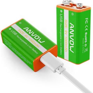 Anvow 9V Block 1000mAh Li-ion Oplaadbare Batterijen (4stuks) met 4-in-1 USB C Oplaadkabel voor Microfoon, Rookmelder, Speelgoed, Walkietalkie en Medische apparaten