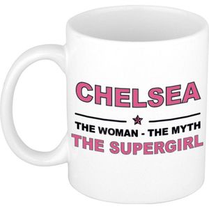 Naam cadeau Chelsea - The woman, The myth the supergirl koffie mok / beker 300 ml - naam/namen mokken - Cadeau voor o.a verjaardag/ moederdag/ pensioen/ geslaagd/ bedankt