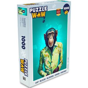 Puzzel Aap - Blouse - Bloemen - Groen - Portret - Legpuzzel - Puzzel 1000 stukjes volwassenen