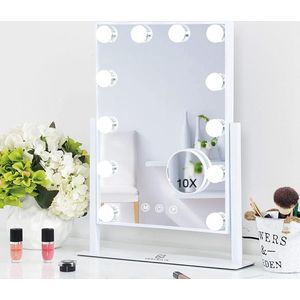 Draaibare Make-up Spiegel met Verlichting - 12 Dimbare LED Lampen, 3 Lichtkleuren, 10x Vergroting, Touch Bediening, Wit, 30x41 cm