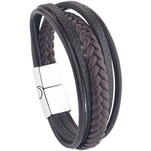 Fako Bijoux® - Armband Heren - Bruin 5 Snoeren Combo - Mannen - 21cm - Leer - Magnetische Sluiting - Bruin/Zilver