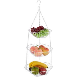 Relaxdays hangende fruitmand - fruitschaal etagère - 3 lagen - witte hangmand - draadstaal