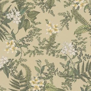 Bloemen behang Profhome 394241-GU vliesbehang hardvinyl warmdruk in reliëf licht gestructureerd met bloemmotief mat groen wit geel 5,33 m2