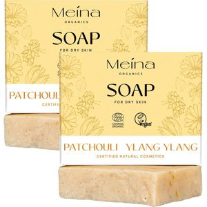 Meina Organics | Duo pack/ 2 stuks - Zeep met Ylang Ylang en Patchouli | 2x 100g | natuurlijke zeep voor droge huid, Hydrateert, Beschermt en genees | maak de huid fluweelzacht | Gecertificeerd Vegan | Handgemaakt | Voelt aan als een Gel