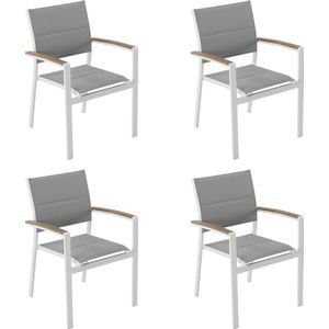 NATERIAL - Set van 4 tuinstoelen SAN DIEGO met armleuningen - 4 x tuinfauteuils - Stapelbaar - Aluminium - Textilene - Wit - Eucalyptus - Terrasstoelen - Eetkamerstoelen