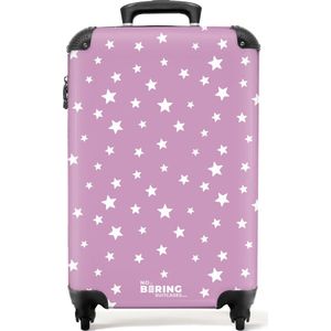 NoBoringSuitcases.com® - Handbagage koffer lichtgewicht - Reiskoffer trolley - Witte sterren op paarse achtergrond - Rolkoffer met wieltjes - Past binnen 55x40x20 en 55x35x25