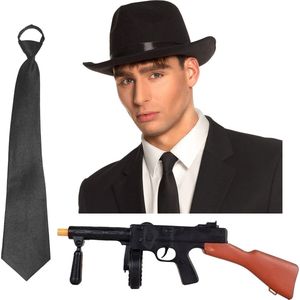 Gangster/maffia/roaring Twenties verkleed set - gleufhoed zwart - stropdas en machinegeweer
