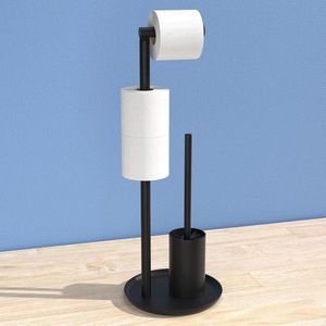 Roestvrij stalen toiletpapierhouder, staand met toiletborstel, toiletpapierhouder met wc-borstel, wc-garnituur met toiletpapierhouder staand en toiletborstel, wc-rolhouder staand (mat zwart)