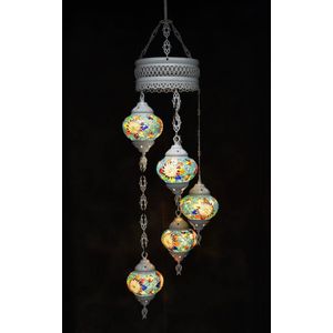 Hanglamp multicolour blauw glas mozaïek 5 bollen Turkse Oosterse Crèmewit Marokkaanse kroonluchter