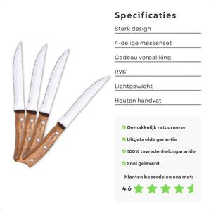 RVS Steakmessen Set - Messenset - Kartelmessen - Tafelmessen - BBQ Messen - Vleesmessen - Steakmessenset - Vaatwasserbestendig - 4 Stuks - 23.5 cm