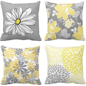 Set van 4 kussenslopen, 50 x 50 cm, moderne grijze en gele bloemen, madeliefjes, decoratieve kussenslopen, wooncultuur, vierkante kussenslopen, 50 x 20 inch