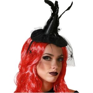 Halloween heksenhoed - mini hoedje op diadeem - one size - zwart - met sluier - meisjes/dames