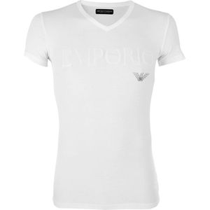 Emporio Armani - Basis V-Hals Shirt Wit met Glansprint - XL