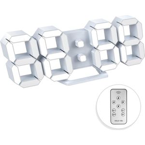 Digitale Wandklok 3D Kleine Wekker - Home Decor Snooze Geen Ruis - Dimbaar Tijd Geheugen 12/24 - Datum Temperatuur Display - Afstandsbediening Nachtlampje - Kantoor Keuken - Slaapkamer Woonkamer - 25.2cm Wit