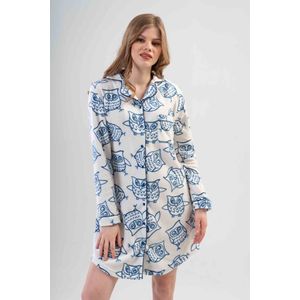 Vienetta Dames pluche, warme nachthemd - wit / blauw XL