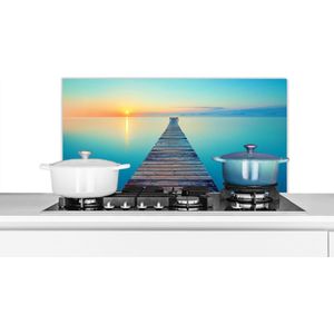 Spatscherm keuken 90x45 cm - Kookplaat achterwand Zee - Zonsondergang - Steiger - Muurbeschermer - Spatwand fornuis - Hoogwaardig aluminium