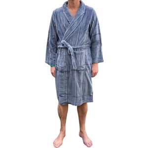 Grijze badjas heren - streep - fleece - warme badjas - zacht - cadeau voor hem - maat M
