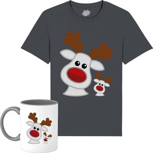 Rendier Buddies - Foute Kersttrui Kerstcadeau - Dames / Heren / Unisex Kleding - Grappige Kerst Outfit - Knit Look - T-Shirt met mok - Unisex - Mouse Grijs - Maat XXL
