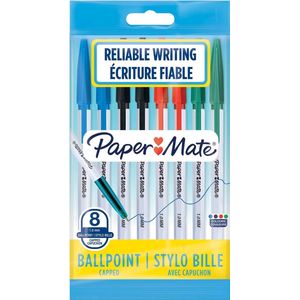 Paper Mate 045-balpennen | Medium punt (1,0 mm) | Blauwe, Zwarte, Groene en Rode inkt | 8 stuks