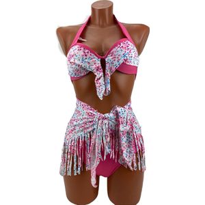 Dames Bikini - Met mini jurk - 3 delig - Bloemen - Donker roze model 1 - S/M