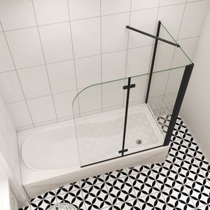 Badwand Black Crocus 2-Delig 90X140 Met Zijwand 70cm 6Mm Helder Glas Antikalk Mat Zwart