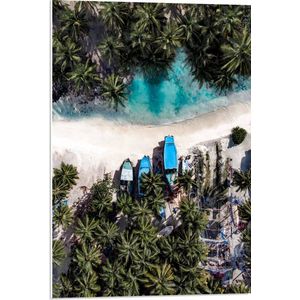 WallClassics - PVC Schuimplaat- Bovenaanzicht van Blauwe Bootjes tussen Palmbomen op Wit Strand - 50x75 cm Foto op PVC Schuimplaat