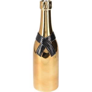 HS Collection Bloemenvaas Champagne fles - keramiek - zwart/goud - 11 x 39 cm - feestelijke vaas