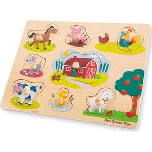 New Classic Toys - Houten Knoppuzzel - Boerderijdieren / Boerderij - Houten Puzzel met Knopjes - 8 Puzzelstukjes - FSC