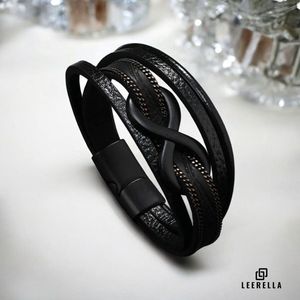 Leerella Leren Unisex Armband Zwart met Zwarte Strip met Infinity-Symbool – Stijlvol, Tijdloos en Betekenisvol - 21 cm