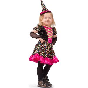 Funny Fashion - Heks & Spider Lady & Voodoo & Duistere Religie Kostuum - Betoverende Confetti Heks - Meisje - Roze, Zwart - Maat 98 - Halloween - Verkleedkleding