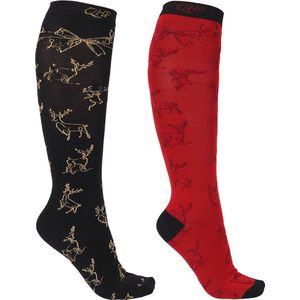 QHP - Kniekous Kerst - Set Van 2 - Rood/Zwart Rendier - Maat 39-42