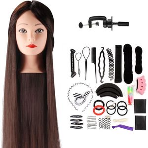 Wigs & More Oefenhoofd - Kapperspop - Kappershoofd Bruin haar - Incl. tafelklem en styling accessoires - 65 cm