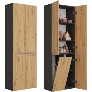 Maxy-Shop - Badkamerkast - Antraciet Eiken - 3 Legplanken - 1 Wasmand