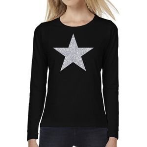 Ster van zilver glitter t-shirt long sleeve zwart voor dames- zwart shirt met lange mouwen en zilveren ster voor dames L